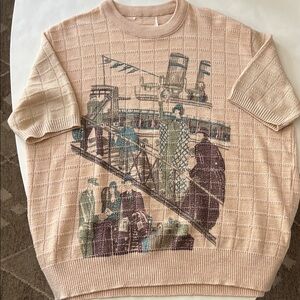 Vintage ILGWU Union Made Men's Knit Short Sleeve Sweater Top 'Voyage' Graphic L